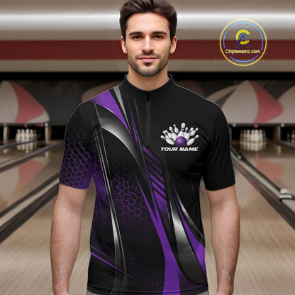 Black And Blue Custom Bowling Jersey, Bowling Tournament Men Quarter Zip Shirt Bowler Outfit IPHW12207