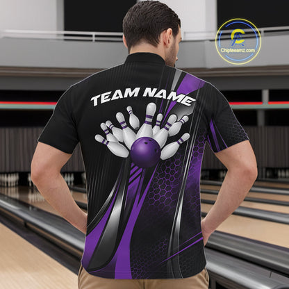 Black And Blue Custom Bowling Jersey, Bowling Tournament Men Quarter Zip Shirt Bowler Outfit IPHW12207
