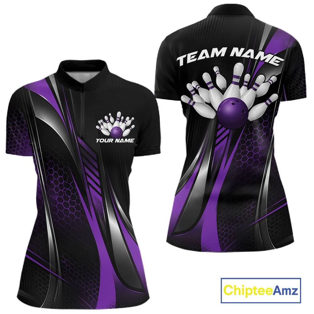 Black And Blue Custom Bowling Jersey, Bowling Tournament Women Quarter-Zip Shirt IPHW12207