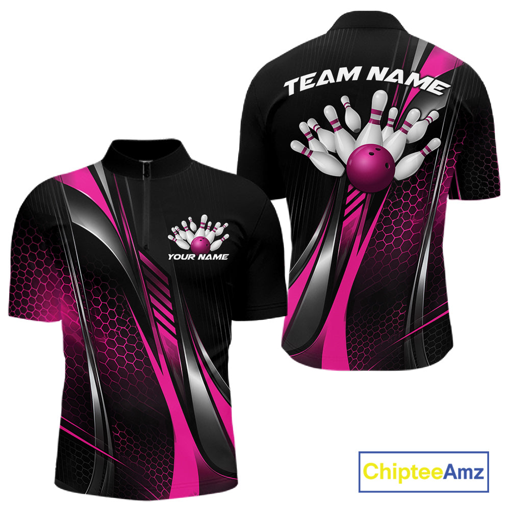 Black And Purple Custom Bowling Jersey, Bowling Tournament Men Quarter Zip Shirt Bowler Outfit IPHW12208