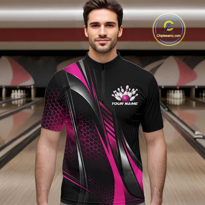Black And Purple Custom Bowling Jersey, Bowling Tournament Men Quarter Zip Shirt Bowler Outfit IPHW12208