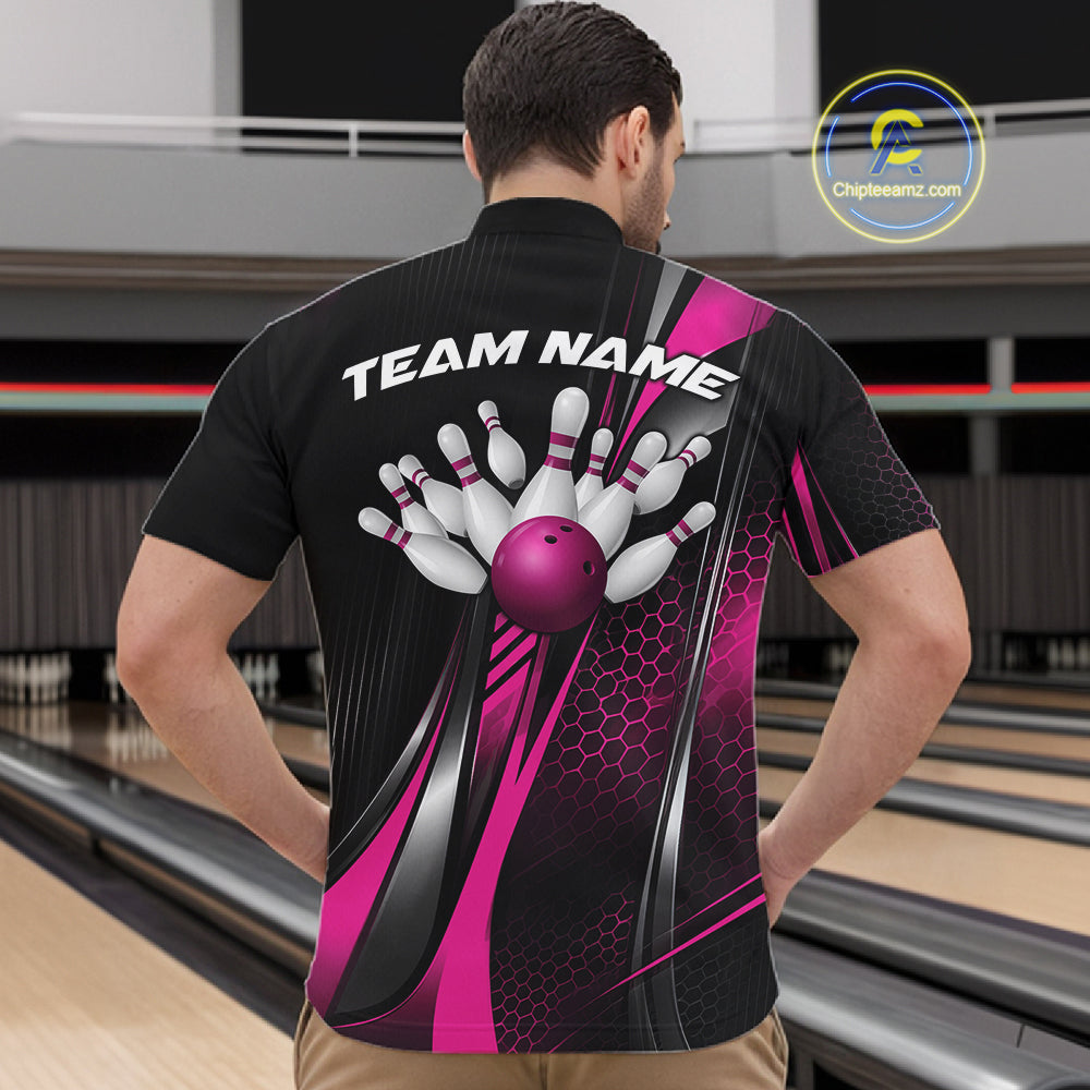Black And Purple Custom Bowling Jersey, Bowling Tournament Men Quarter Zip Shirt Bowler Outfit IPHW12208