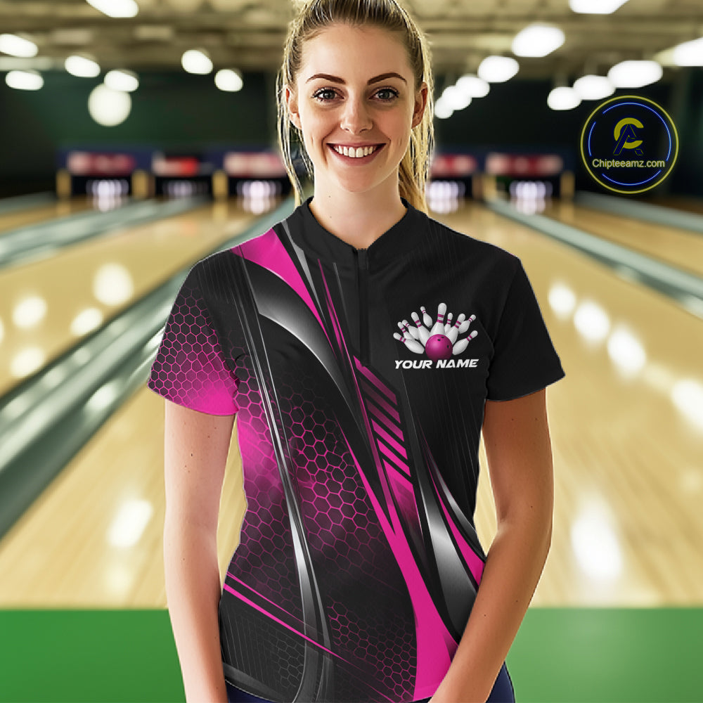 Black And Purple Custom Bowling Jersey, Bowling Tournament Women Quarter-Zip Shirt IPHW12208