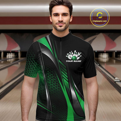 Black And Pink Custom Bowling Jersey, Bowling Tournament Men Quarter Zip Shirt Bowler Outfit IPHW12209