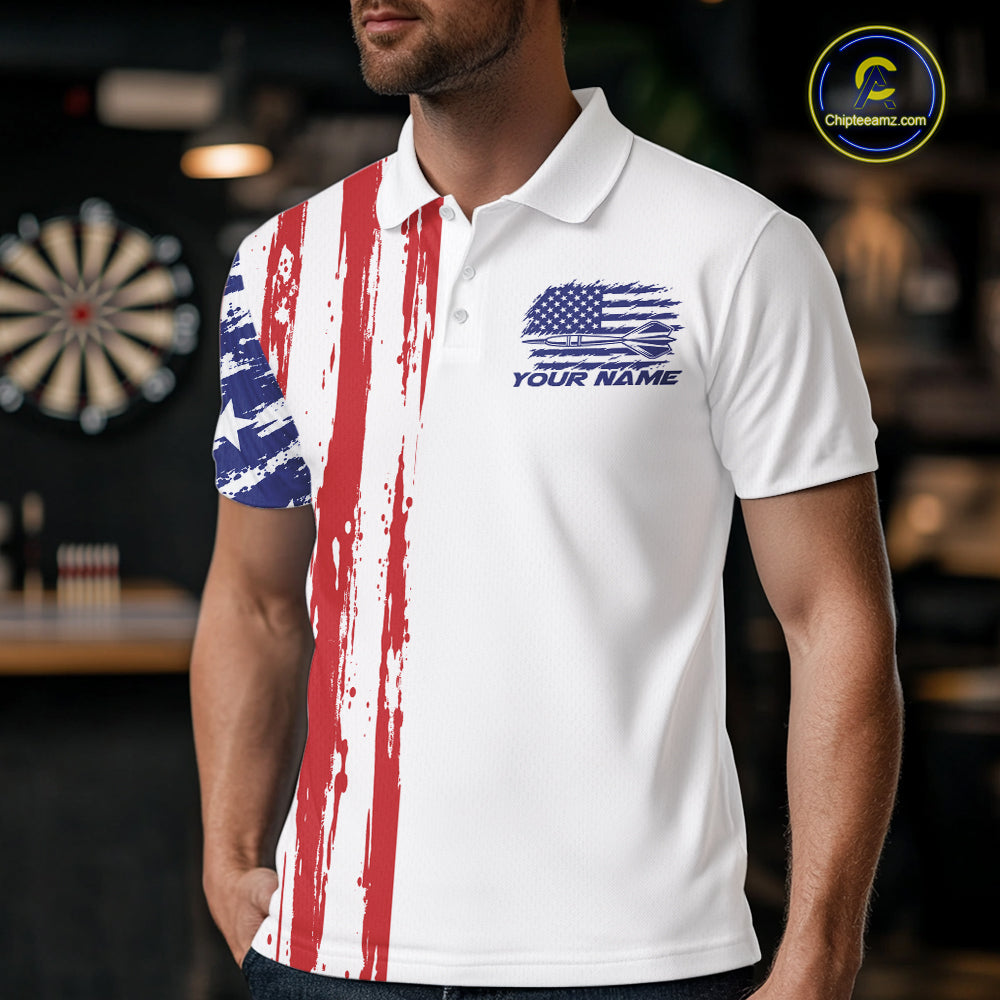 Custom Red White And Blue American Flag Patriotic Dart Team Men Polo Shirt, Dart Jersey IPHW12636