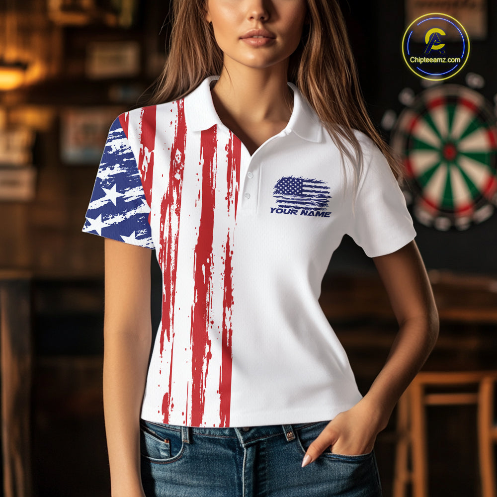 Custom Red White And Blue American Flag Patriotic Dart Team Women Polo Shirt, Dart Jersey IPHW12636