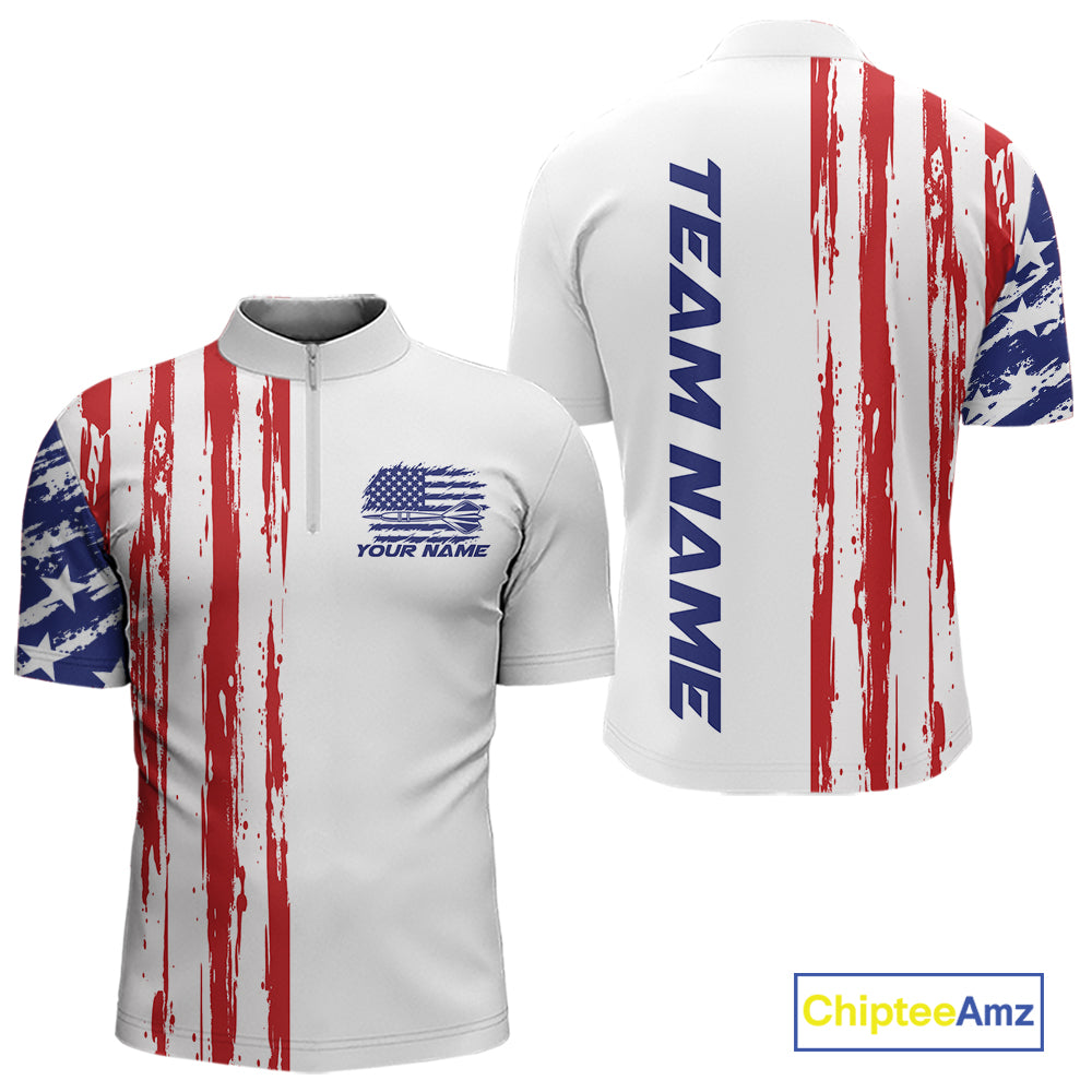 Custom Red White And Blue American Flag Patriotic Dart Team Men Quarter Zip Shirt, Dart Jersey IPHW12636