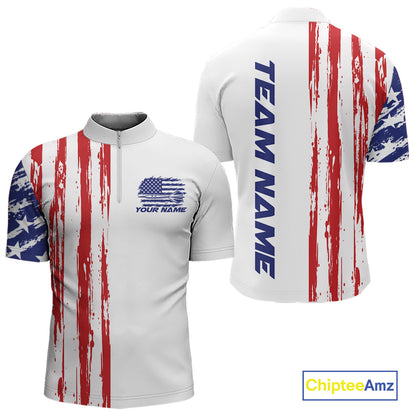 Custom Red White And Blue American Flag Patriotic Dart Team Men Quarter Zip Shirt, Dart Jersey IPHW12636