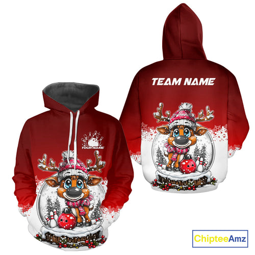 Custom Cute Funny Reindeer Christmas Bowling Men And Women Hoodie Shirts, Xmas Team Bowling Shirt IPHW10114