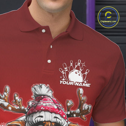 Custom Cute Funny Reindeer Christmas Bowling Men Polo Shirts, Xmas Team Bowling Shirt IPHW10114