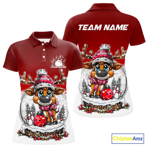 Custom Cute Funny Reindeer Christmas Bowling Women Polo Shirts, Xmas Team Bowling Shirt IPHW10114