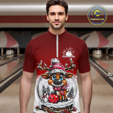 Load image into Gallery viewer, Custom Cute Funny Reindeer Christmas Bowling Men Quarter-Zip Shirts, Xmas Team Bowling Shirt IPHW10114