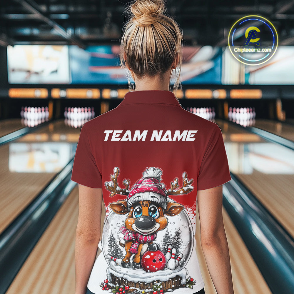 Custom Cute Funny Reindeer Christmas Bowling Women Quarter-Zip Shirt, Xmas Bowling Shirt IPHW10114