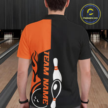 Load image into Gallery viewer, Custom Black And Orange Flame Strike Bowling Men Polo Shirt, Bowling Tournament Shirt IPHW10250