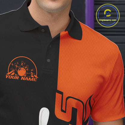 Custom Black And Orange Flame Strike Bowling Men Polo Shirt, Bowling Tournament Shirt IPHW10250