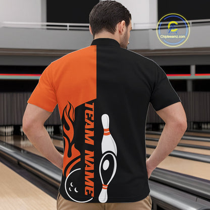 Custom Black And Orange Flame Strike Bowling Men Quarter-Zip Shirt, Bowling Tournament Shirt IPHW10250
