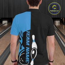 Load image into Gallery viewer, Custom Black And Blue Flame Strike Bowling Men Polo Shirt, Bowling Tournament Shirt IPHW10251