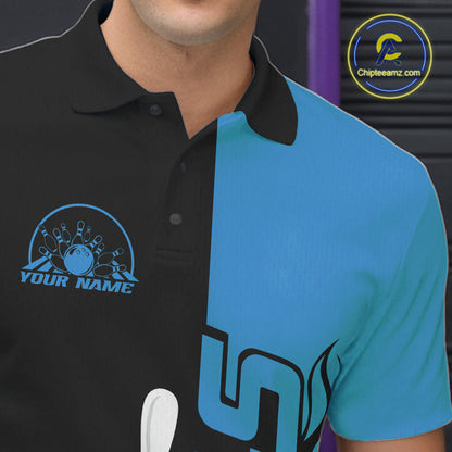 Custom Black And Blue Flame Strike Bowling Men Polo Shirt, Bowling Tournament Shirt IPHW10251