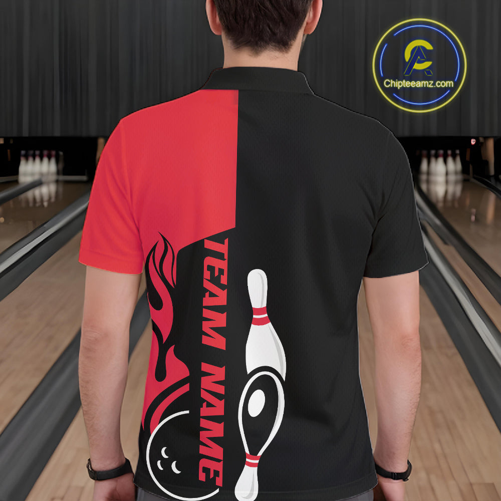 Custom Black And Red Flame Strike Bowling Men Polo Shirt, Bowling Tournament Shirt IPHW10252