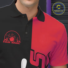 Load image into Gallery viewer, Custom Black And Red Flame Strike Bowling Men Polo Shirt, Bowling Tournament Shirt IPHW10252