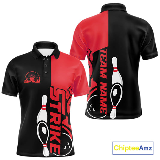 Custom Black And Red Flame Strike Bowling Men Polo Shirt, Bowling Tournament Shirt IPHW10252