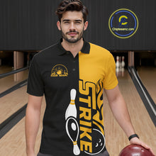 Load image into Gallery viewer, Custom Black And Gold Flame Strike Bowling Men Polo Shirt, Bowling Tournament Shirt IPHW10253