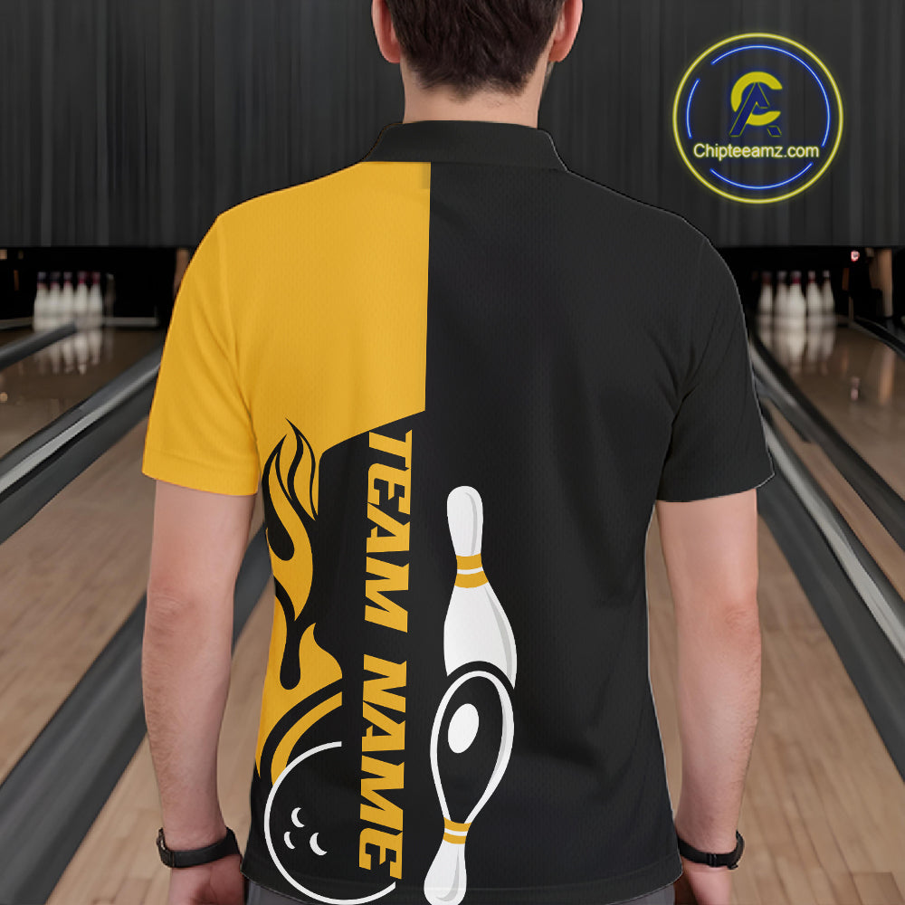 Custom Black And Gold Flame Strike Bowling Men Polo Shirt, Bowling Tournament Shirt IPHW10253