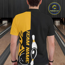 Load image into Gallery viewer, Custom Black And Gold Flame Strike Bowling Men Polo Shirt, Bowling Tournament Shirt IPHW10253