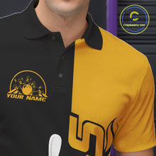 Load image into Gallery viewer, Custom Black And Gold Flame Strike Bowling Men Polo Shirt, Bowling Tournament Shirt IPHW10253