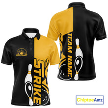 Load image into Gallery viewer, Custom Black And Gold Flame Strike Bowling Men Polo Shirt, Bowling Tournament Shirt IPHW10253