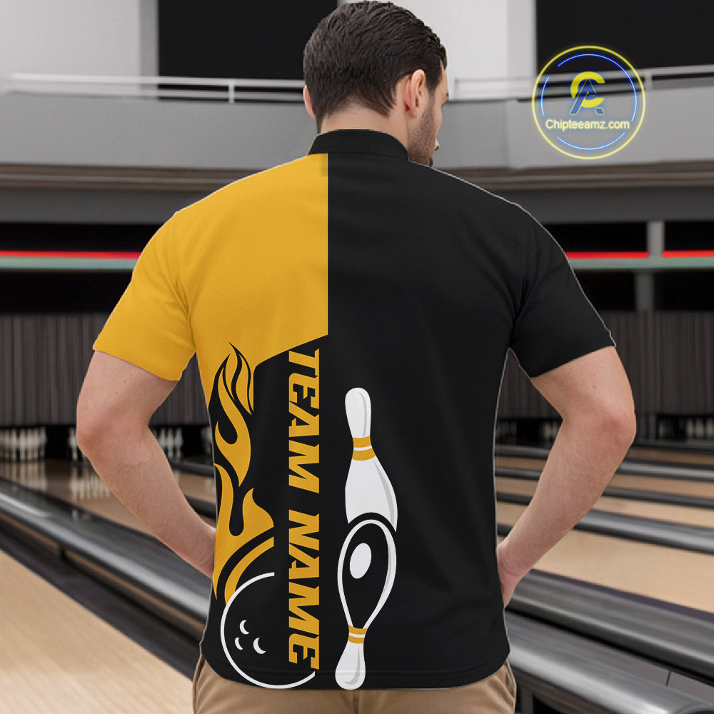 Custom Black And Gold Flame Strike Bowling Men Quarter-Zip Shirt, Bowling Tournament Shirt IPHW10253