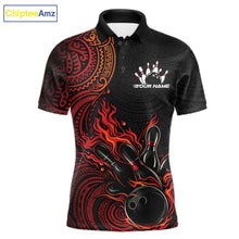 Load image into Gallery viewer, Custom Black And Red Orange Tribal Flame Bowling Ball Bowling Team Shirts, Polynesian Bowling Tournament Shirt IPHW10496