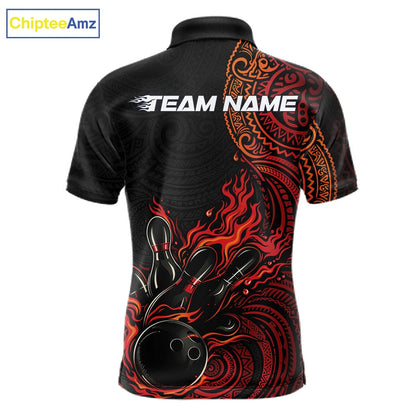 Custom Black And Red Orange Tribal Flame Bowling Ball Bowling Team Shirts, Polynesian Bowling Tournament Shirt IPHW10496