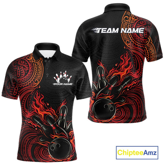 Custom Black And Red Orange Tribal Flame Bowling Ball Bowling Team Shirts, Polynesian Bowling Tournament Shirt IPHW10496