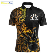 Load image into Gallery viewer, Custom Black And Yellow Tribal Flame Bowling Ball Bowling Team Shirts, Polynesian Bowling Tournament Shirt IPHW10497