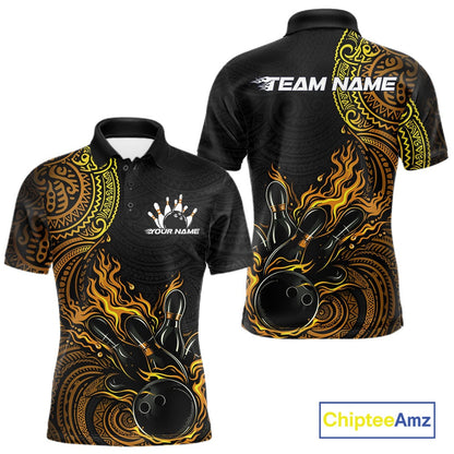Custom Black And Yellow Tribal Flame Bowling Ball Bowling Team Shirts, Polynesian Bowling Tournament Shirt IPHW10497