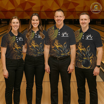 Custom Black And Yellow Tribal Flame Bowling Ball Bowling Team Shirts, Polynesian Bowling Tournament Shirt IPHW10497