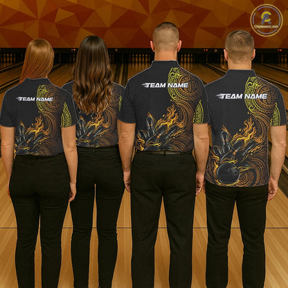 Custom Black And Yellow Tribal Flame Bowling Ball Bowling Team Shirts, Polynesian Bowling Tournament Shirt IPHW10497