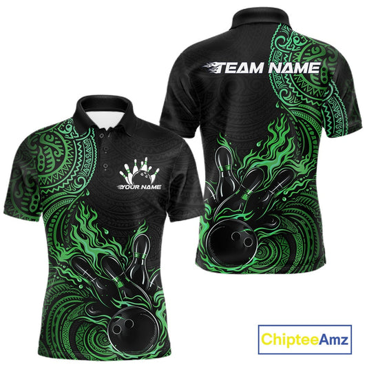 Custom Black And Green Tribal Flame Bowling Ball Bowling Team Shirts, Polynesian Bowling Tournament Shirt IPHW10498