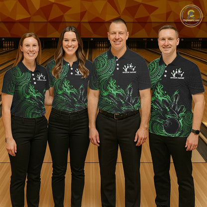 Custom Black And Green Tribal Flame Bowling Ball Bowling Team Shirts, Polynesian Bowling Tournament Shirt IPHW10498