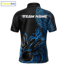 Load image into Gallery viewer, Custom Black And Blue Tribal Flame Bowling Ball Bowling Team Shirts, Polynesian Bowling Tournament Shirt IPHW10499