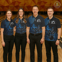 Load image into Gallery viewer, Custom Black And Blue Tribal Flame Bowling Ball Bowling Team Shirts, Polynesian Bowling Tournament Shirt IPHW10499
