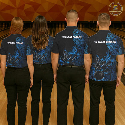 Custom Black And Blue Tribal Flame Bowling Ball Bowling Team Shirts, Polynesian Bowling Tournament Shirt IPHW10499