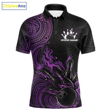 Load image into Gallery viewer, Custom Black And Purple Tribal Flame Bowling Ball Bowling Team Shirts, Polynesian Bowling Tournament Shirt IPHW10500
