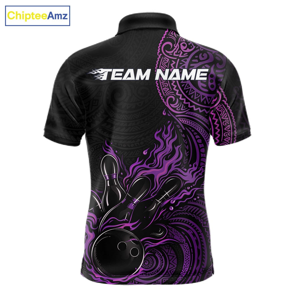 Custom Black And Purple Tribal Flame Bowling Ball Bowling Team Shirts, Polynesian Bowling Tournament Shirt IPHW10500