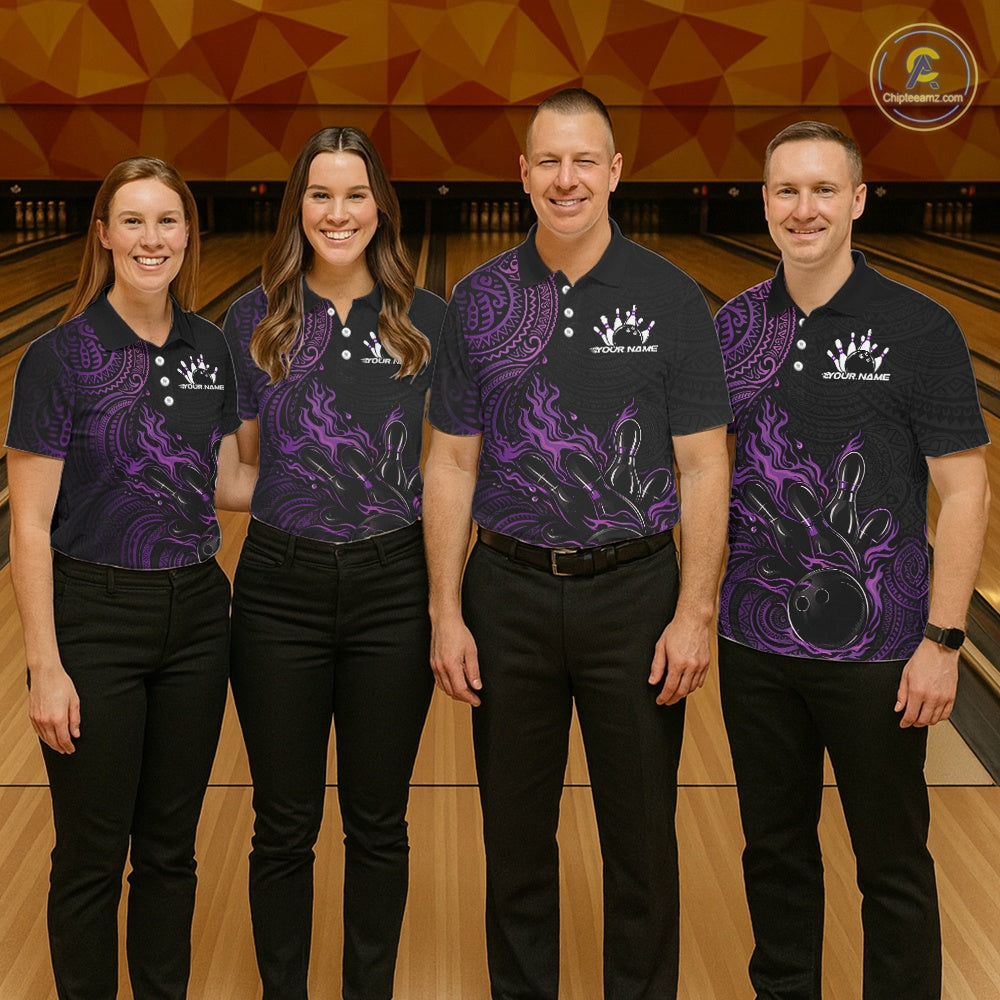 Custom Black And Purple Tribal Flame Bowling Ball Bowling Team Shirts, Polynesian Bowling Tournament Shirt IPHW10500