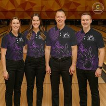 Load image into Gallery viewer, Custom Black And Purple Tribal Flame Bowling Ball Bowling Team Shirts, Polynesian Bowling Tournament Shirt IPHW10500