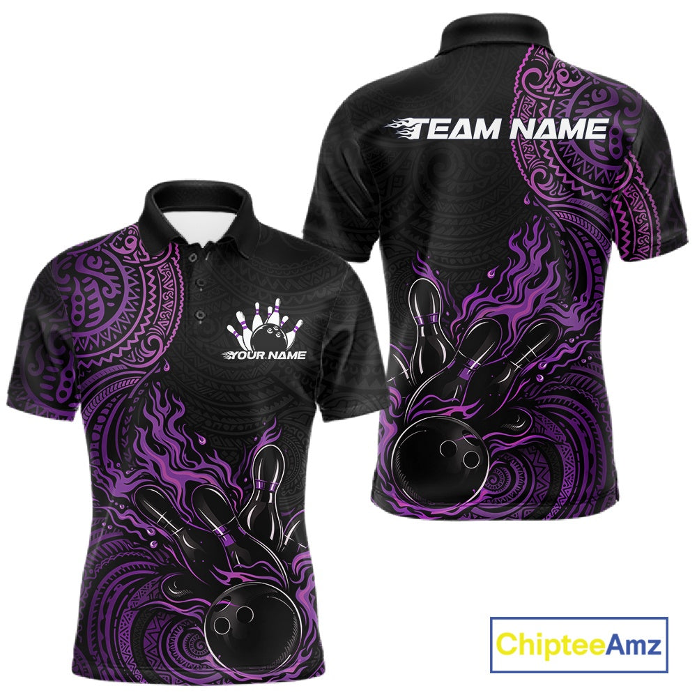 Custom Black And Purple Tribal Flame Bowling Ball Bowling Team Shirts, Polynesian Bowling Tournament Shirt IPHW10500