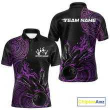 Load image into Gallery viewer, Custom Black And Purple Tribal Flame Bowling Ball Bowling Team Shirts, Polynesian Bowling Tournament Shirt IPHW10500