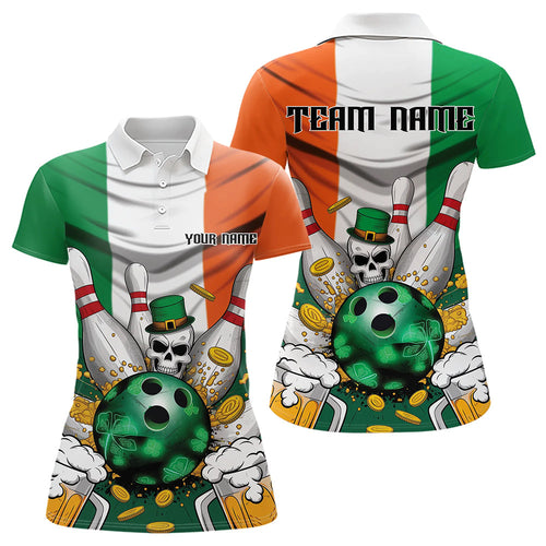 Custom Irish Flag Patricks Day Bowling Polo Team Shirts For Women, Skull Leprechaun Bowling IPHW8588